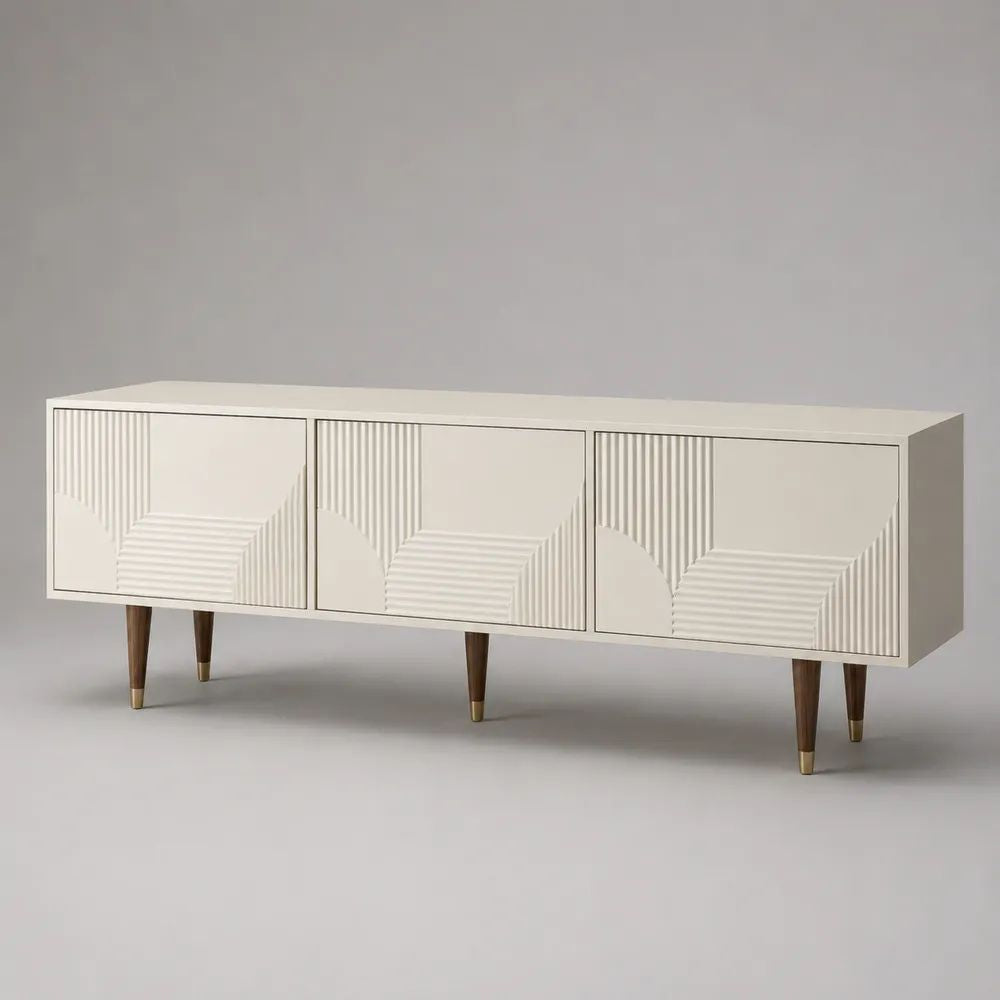 TV-Lowboard aus lackiertem MDF mit 3 Türen, Cremeweiß, 160 × 40 × 65 cm