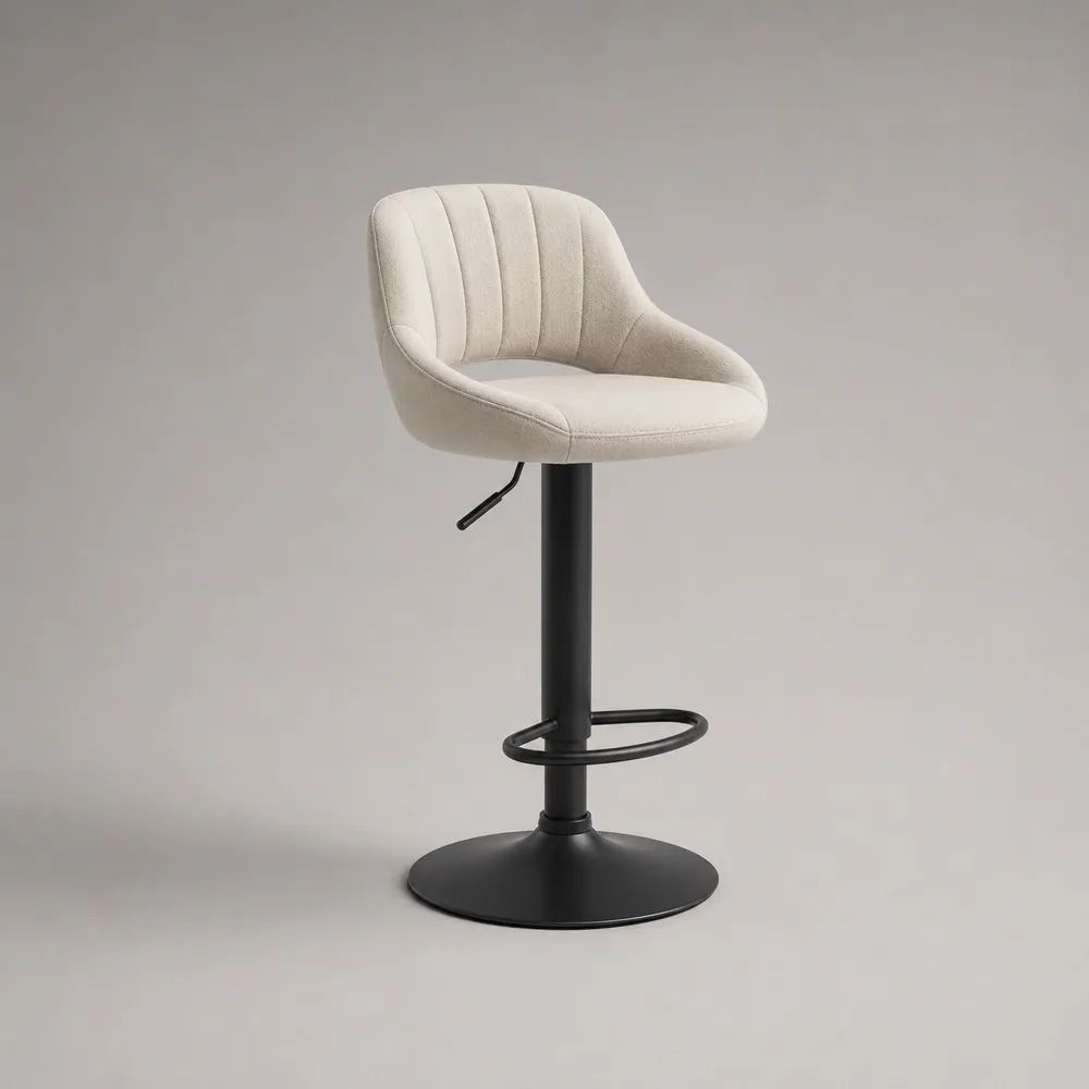 Höhenverstellbarer Barhocker aus Stoff und Stahl, 360° drehbar, mit Rückenlehne und Fußstütze, Creme/Schwarz, 52 × 51 × 84–105 cm
