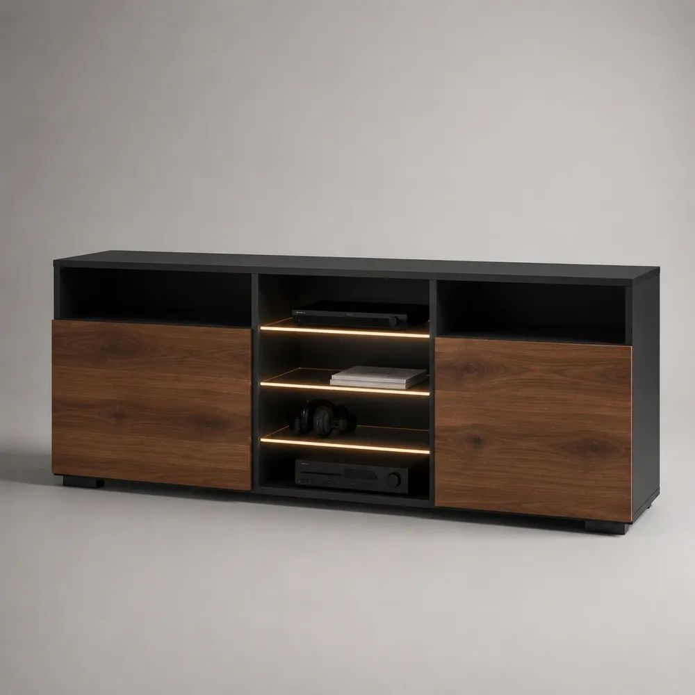 TV-Lowboard mit LED-Beleuchtung, 2 Türen und 6 offenen Fächern, Spanplatte, Schwarz/Walnussbraun, 180 × 40 × 75 cm