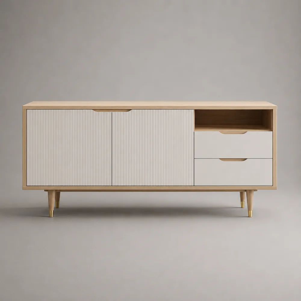 Sideboard aus MDF und Holz mit 2 Türen, 2 Schubladen und offenem Fach, Weiß/Naturbeige, 160 × 40 × 76 cm