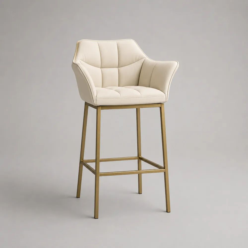 Barhocker mit Armlehnen, PU-Kunstleder-Polsterung und Stahlgestell, Creme/Gold, 55 × 57 × 106 cm