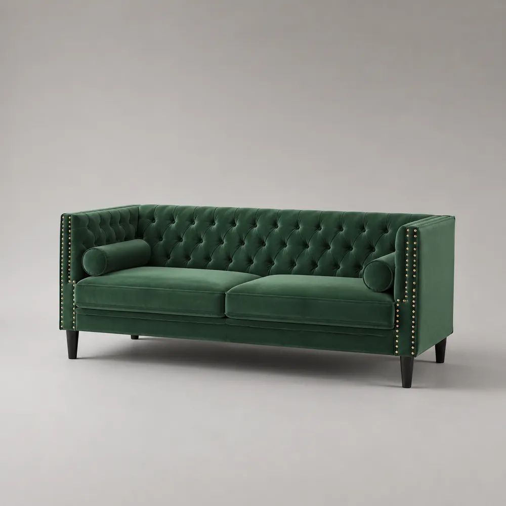 Chesterfield-Sofa, 3-Sitzer aus Polyester-Samt mit Knopfheftung, Dunkelgrün, 216 × 84 × 78 cm