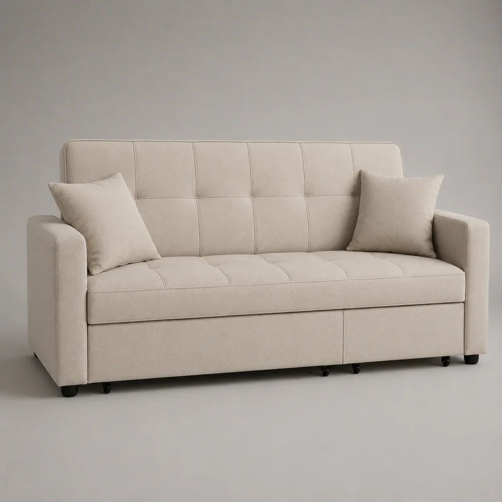 2-Sitzer-Schlafsofa aus Stoff mit Ausziehfunktion und 2 Kissen, Beige, 180 × 85 × 88 cm