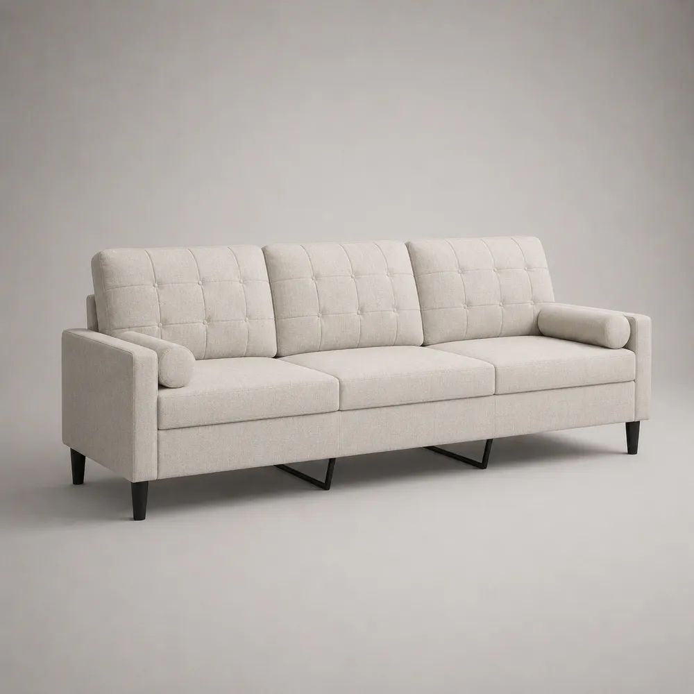 Gerades 3-Sitzer-Sofa mit Stoffbezug und Knopfheftung, Cremeweiß/Schwarz, 218 × 83 × 84 cm