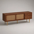 TV-Lowboard aus Holz und Metall mit Rattanfront, 2 Türen und 2 Schubladen, Walnussbraun/Naturfarben/Goldfarben, 160 x 40 x 70 cm