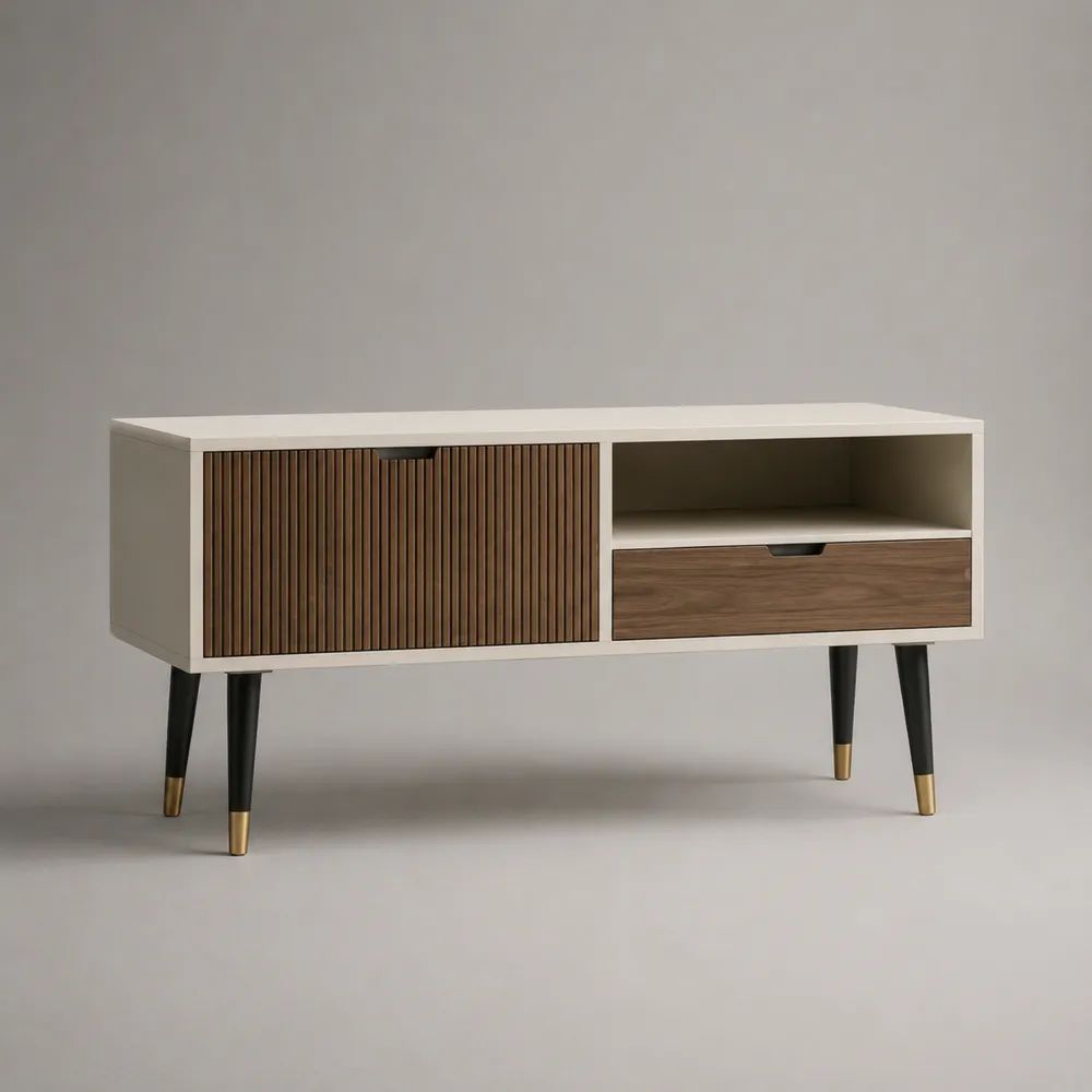TV-Lowboard aus MDF mit Lamellentür und Schublade, Weiß/Walnussbraun, 120 × 40 × 65 cm