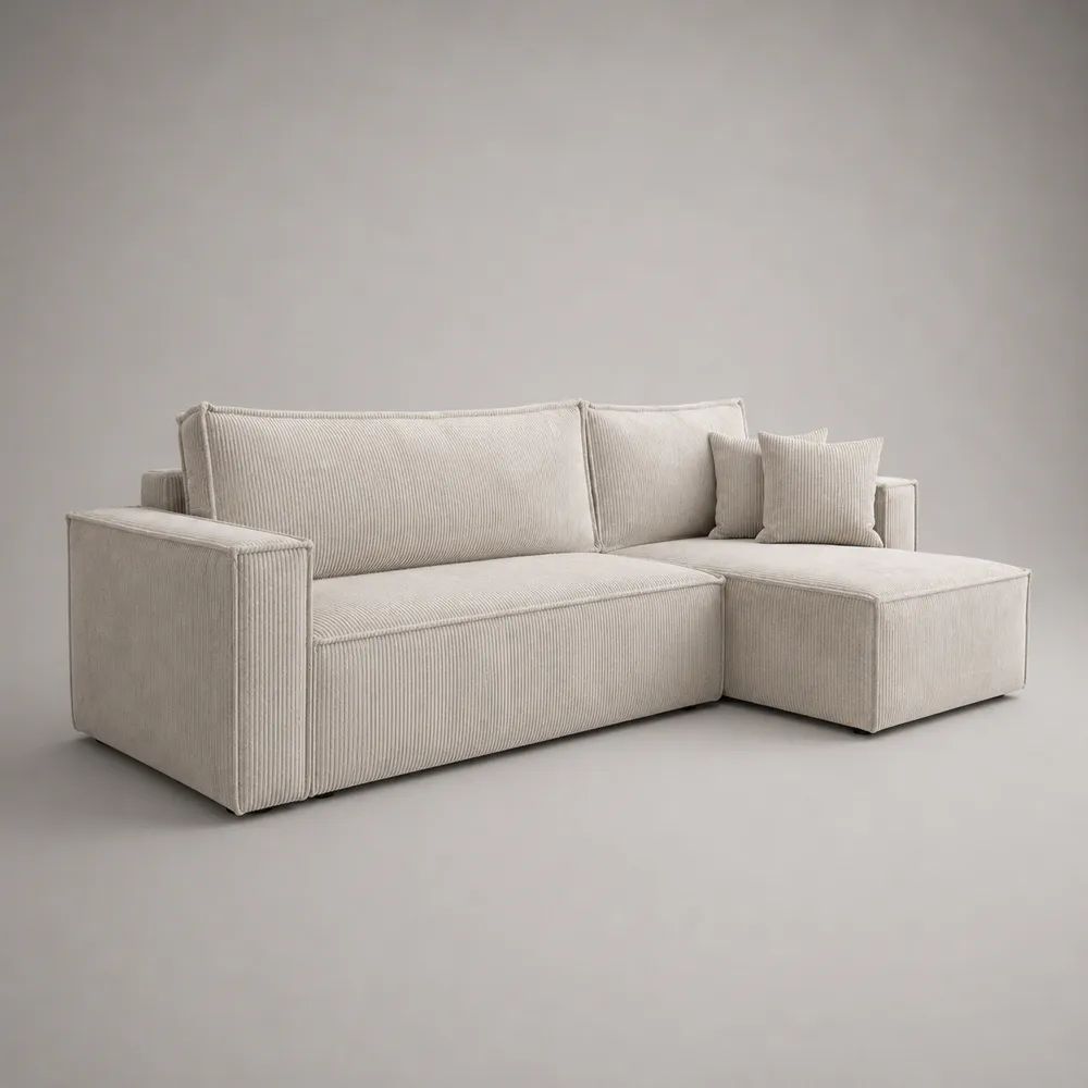 Ecksofa mit Recamiere rechts und 2 Kissen, 3-Sitzer aus 100 % Polyester-Cord, Creme, L-Form, 240 × 150 × 85 cm