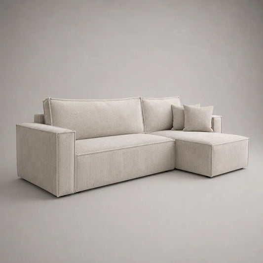 Ecksofa mit Recamiere rechts und 2 Kissen, 3-Sitzer aus 100 % Polyester-Cord, Creme, L-Form, 240 × 150 × 85 cm