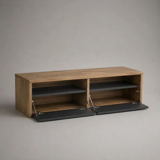 TV-Lowboard aus melaminharzbeschichteter Spanplatte mit 2 Klapptüren und 4 Fächern, Eichefarben/Anthrazit, 140 × 40 × 50 cm
