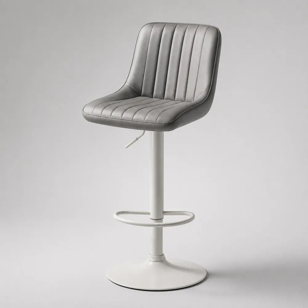 Höhenverstellbarer Barhocker aus Polyester-Mikrofaser und Stahl, 360° drehbar mit Rückenlehne, Grau/Weiß, 48 × 53 × 85–106 cm
