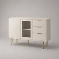 Highboard-Kommode mit 3 Schubladen und 2 Türen aus MDF, Spanplatte, Glas und Metall, Weiß/Gold, 120 × 40 × 85 cm