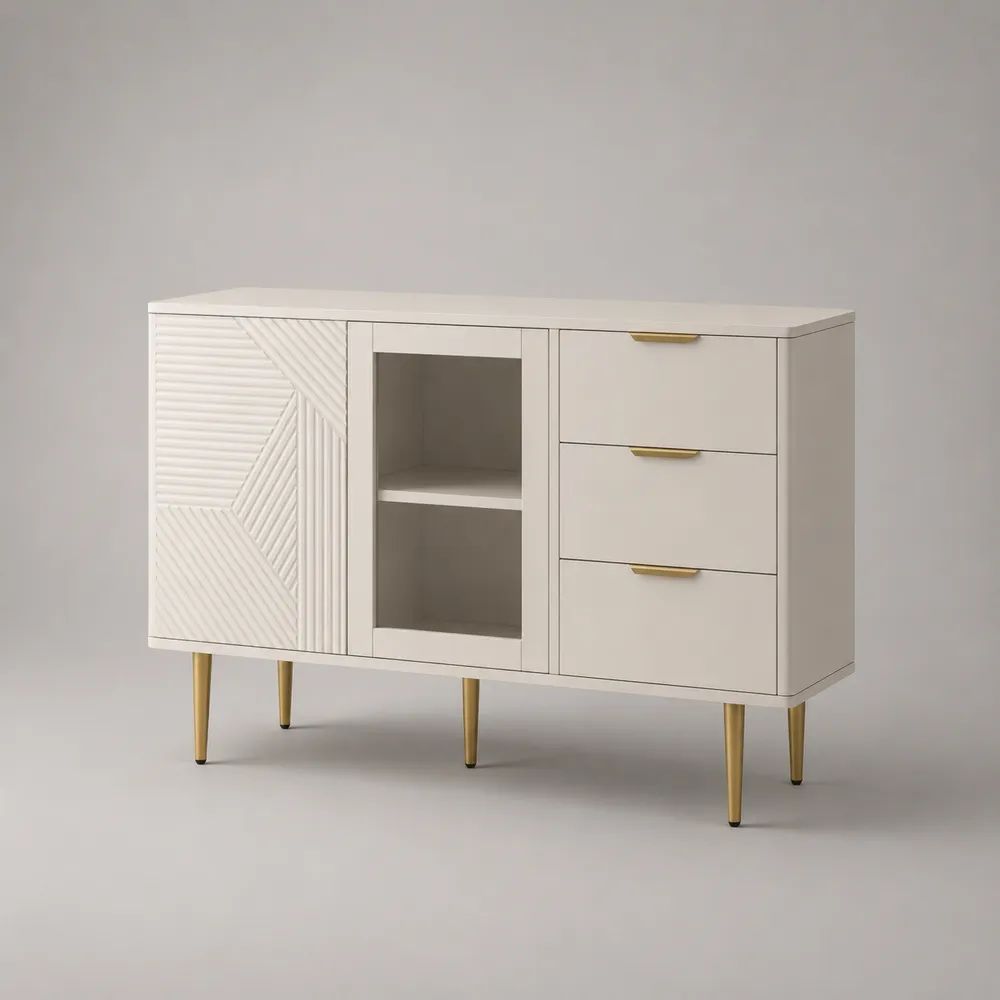 Highboard-Kommode mit 3 Schubladen und 2 Türen aus MDF, Spanplatte, Glas und Metall, Weiß/Gold, 120 × 40 × 85 cm