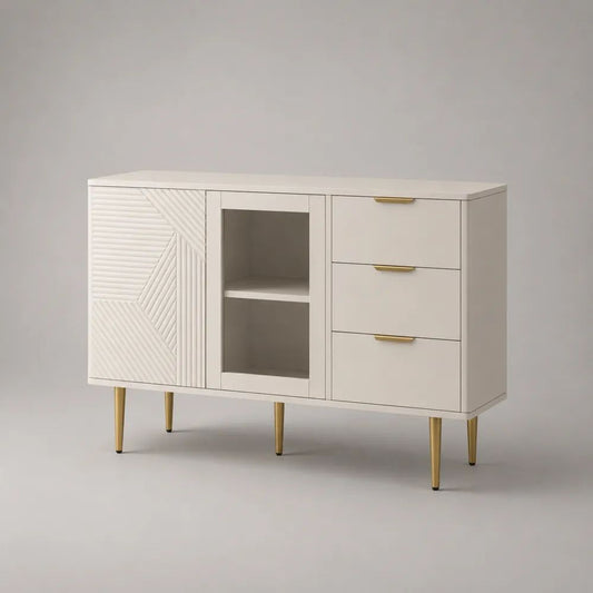Highboard-Kommode mit 3 Schubladen und 2 Türen aus MDF, Spanplatte, Glas und Metall, Weiß/Gold, 120 × 40 × 85 cm