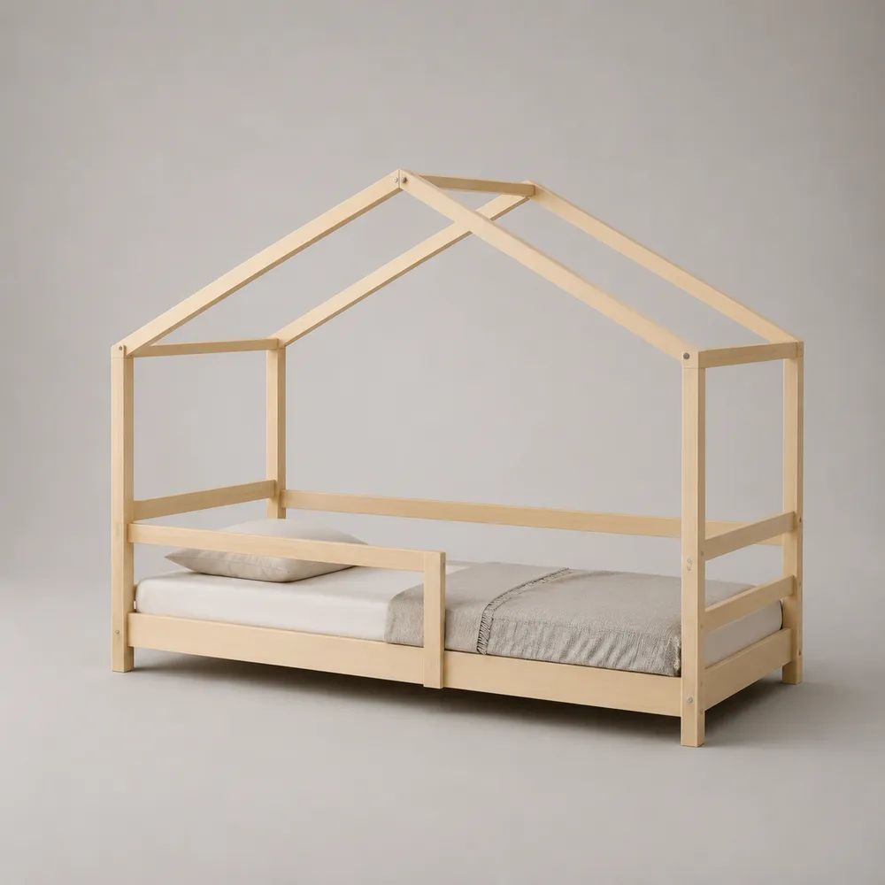 Kinderhausbett 90 × 200 cm aus massivem Kiefernholz mit Lattenrost und Rausfallschutz, Natur