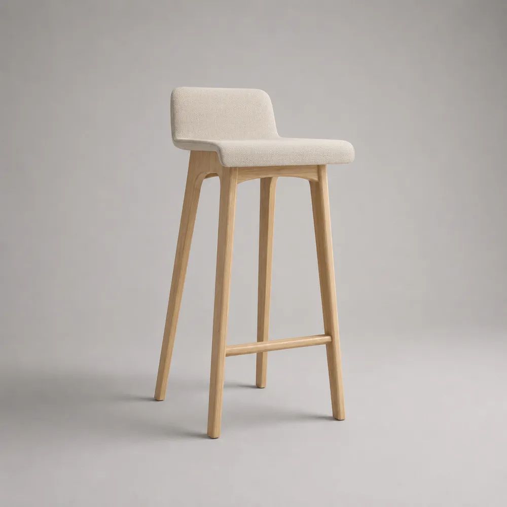 Barhocker mit Rückenlehne aus massivem Eschenholz und Polyester-Bouclé, Creme/Natur, 48 x 50 x 91 cm, Sitzhöhe 65 cm