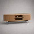 Ovales TV-Lowboard aus MDF mit Eichenfurnier und Stahlgestell, Natur/Schwarz, 160 × 40 × 55 cm