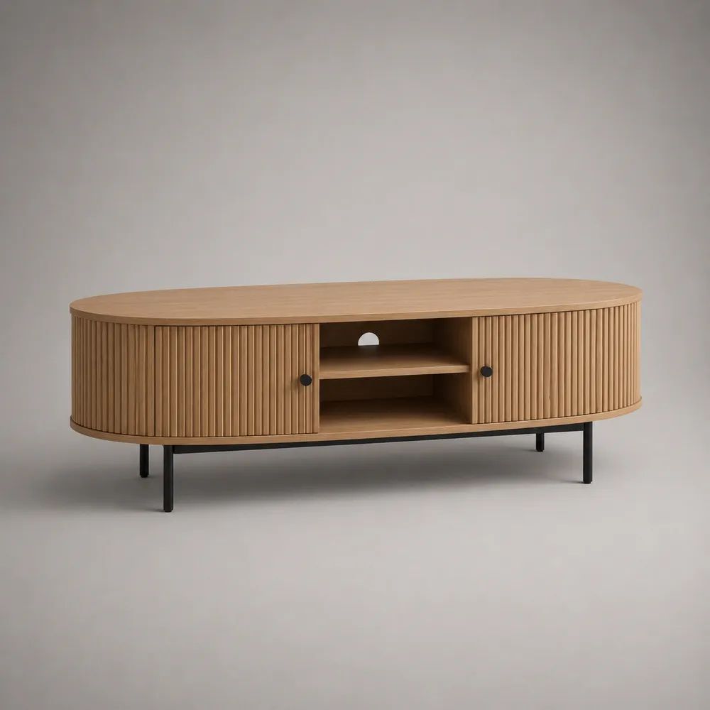 Ovales TV-Lowboard aus MDF mit Eichenfurnier und Stahlgestell, Natur/Schwarz, 160 × 40 × 55 cm