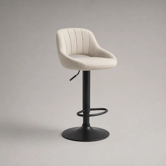 Höhenverstellbarer Barhocker aus Stoff und Stahl, 360° drehbar, mit Rückenlehne und Fußstütze, Creme/Schwarz, 52 × 51 × 84–105 cm