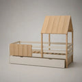 Kinderhausbett 90 x 200 cm aus massivem Kiefernholz mit Lattenrost, Rausfallschutz und Schublade, 207 x 97 x 170 cm, Natur/Weiß