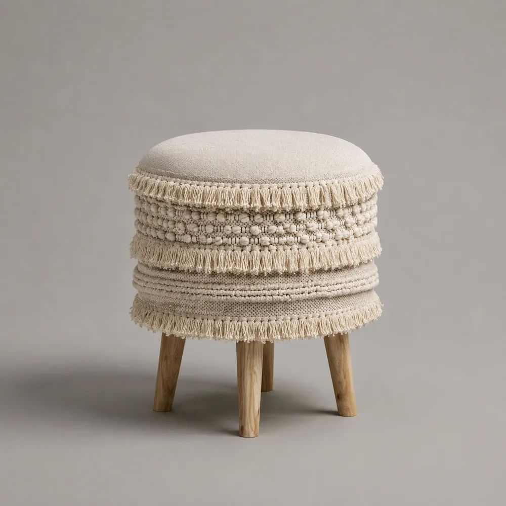Runder Barhocker mit Baumwollbezug und massiven Holzbeinen, Beige/Natur, Ø 45 × H 60 cm