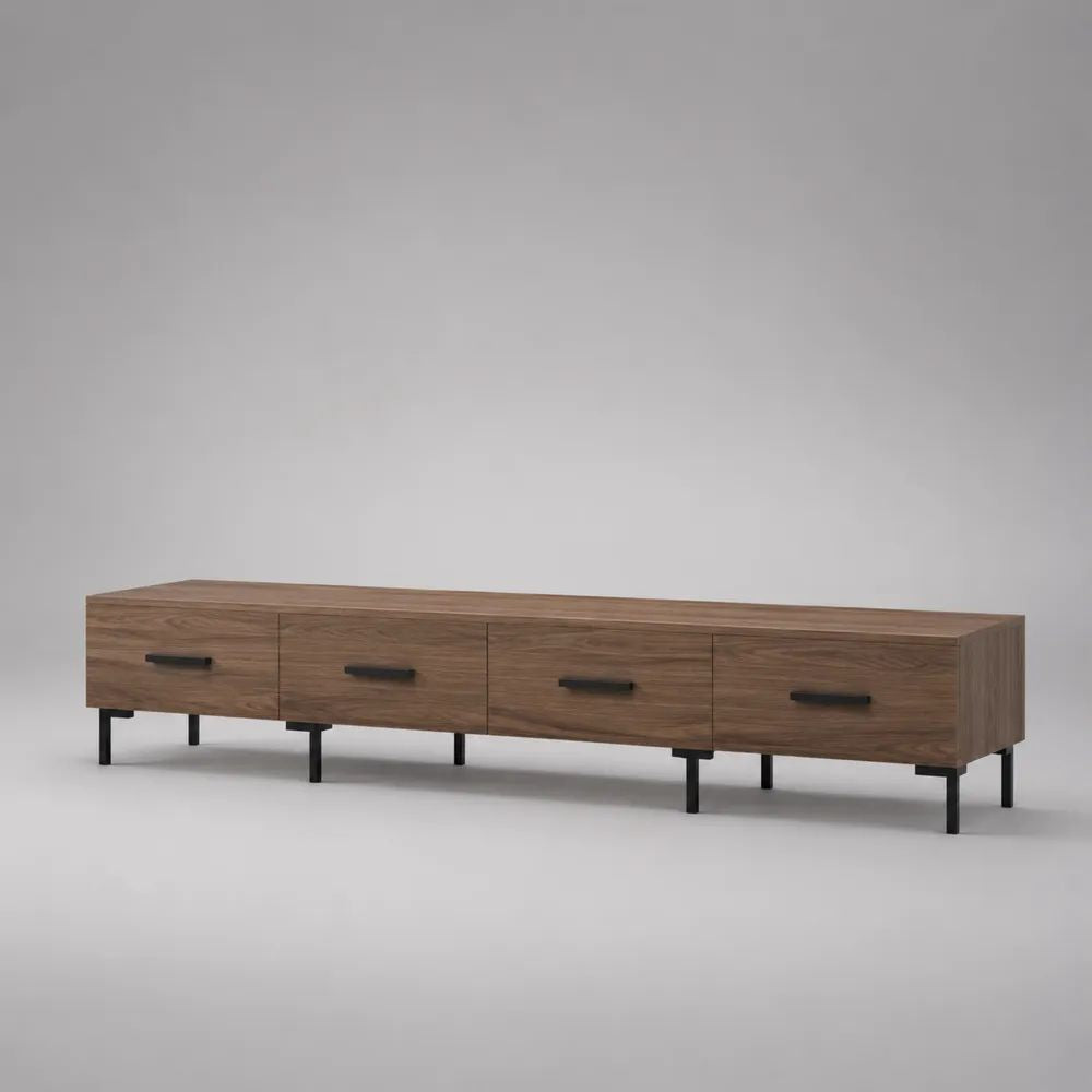 TV-Lowboard mit 4 Schubladen aus melaminbeschichteter Spanplatte, Walnussbraun/Schwarz, 200 x 40 x 50 cm