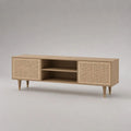 Rechteckiges TV-Lowboard aus Holz und Rattangeflecht mit 2 Türen, Naturfarben/Goldfarben, 160 × 40 × 60 cm