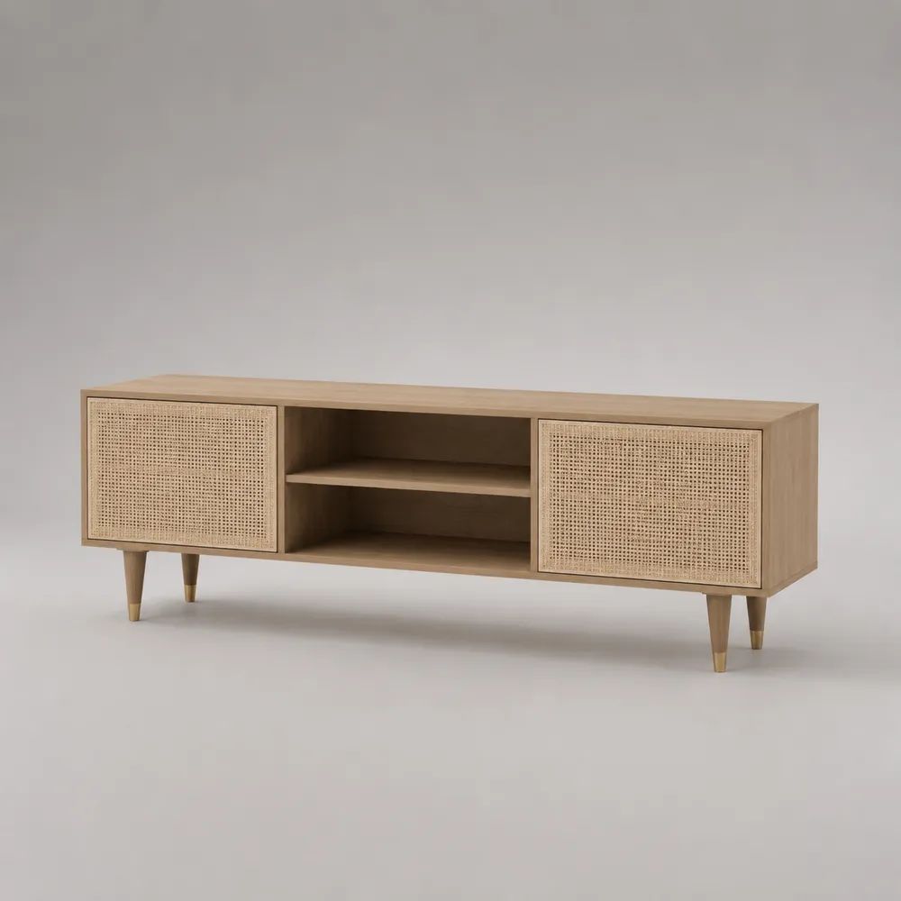 Rechteckiges TV-Lowboard aus Holz und Rattangeflecht mit 2 Türen, Naturfarben/Goldfarben, 160 × 40 × 60 cm