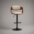Höhenverstellbarer Barhocker mit Rückenlehne, 360° drehbar, aus Sperrholz, Stahl und Stoff, Beige/Braun/Schwarz, 56 × 52 × 88–109 cm