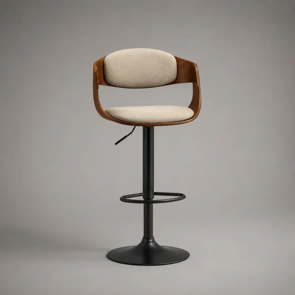 Höhenverstellbarer Barhocker mit Rückenlehne, 360° drehbar, aus Sperrholz, Stahl und Stoff, Beige/Braun/Schwarz, 56 × 52 × 88–109 cm