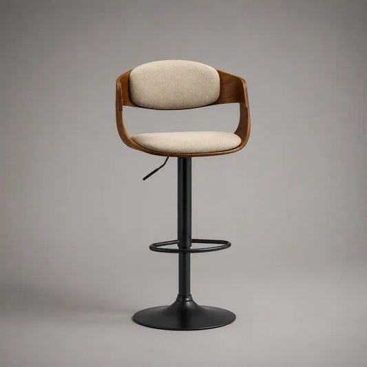 Höhenverstellbarer Barhocker mit Rückenlehne, 360° drehbar, aus Sperrholz, Stahl und Stoff, Beige/Braun/Schwarz, 56 × 52 × 88–109 cm