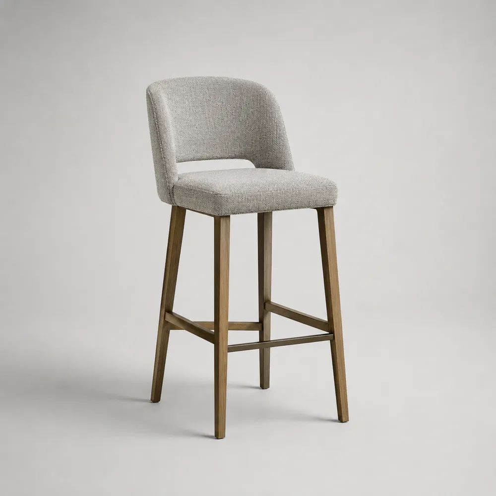 Barhocker mit Rückenlehne, Bouclé-Bezug und Holzgestell, Beige/Braun, 49 × 54 × 102 cm, Sitzhöhe 75 cm