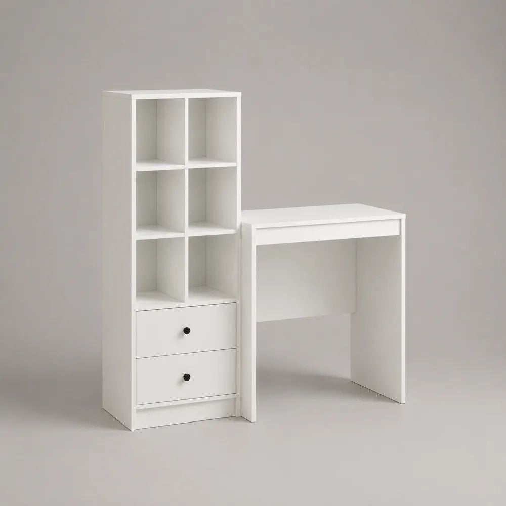 Schreibtisch mit Regal und 2 Schubladen aus melaminbeschichteter Spanplatte, rechteckig, Weiß/Schwarz, 120 × 50 × 150 cm