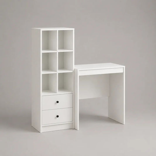 Schreibtisch mit Regal und 2 Schubladen aus melaminbeschichteter Spanplatte, rechteckig, Weiß/Schwarz, 120 × 50 × 150 cm