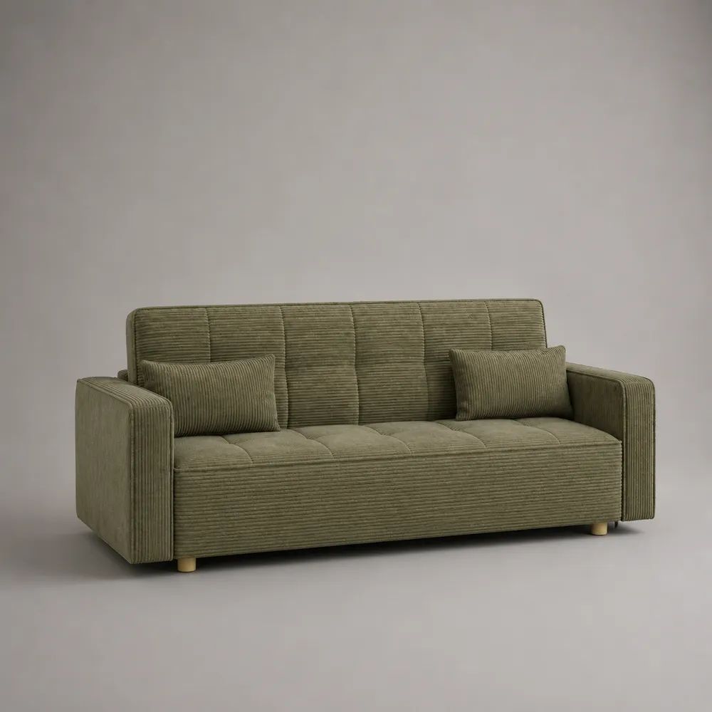 Geradliniges 3-Sitzer-Sofa mit 2 Kissen aus Polyester-Cord, Olivgrün, 210 × 83 × 86 cm