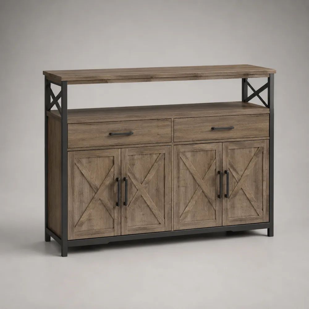 Highboard aus Spanplatte und Stahl mit 2 Schubladen, 4 Türen und offener Ablage, Braun/Schwarz, 120 × 40 × 110 cm