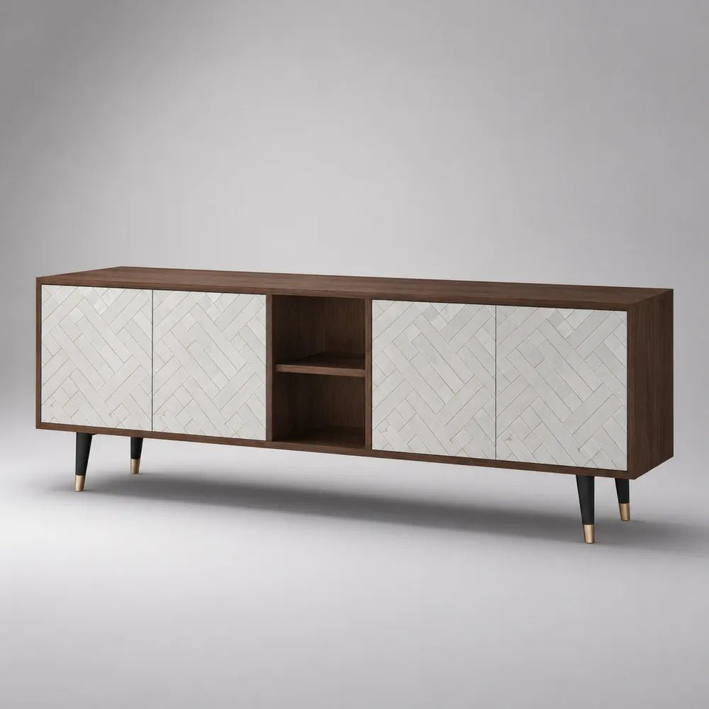 TV-Lowboard aus MDF und Spanplatte mit Walnussfurnier, 4 Türen und 2 offenen Fächern, Dunkelbraun/Weiß/Schwarz/Messingfarben, 180 × 40 × 70 cm