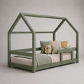 Kinderhausbett 90 × 200 cm aus massivem Kiefernholz in Hausform mit Rausfallschutz, Salbeigrün