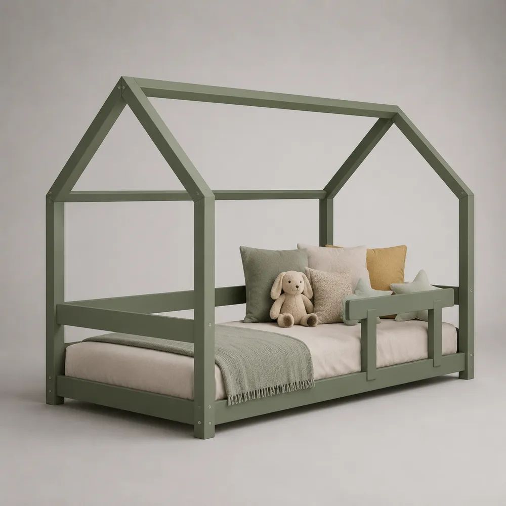 Kinderhausbett 90 × 200 cm aus massivem Kiefernholz in Hausform mit Rausfallschutz, Salbeigrün