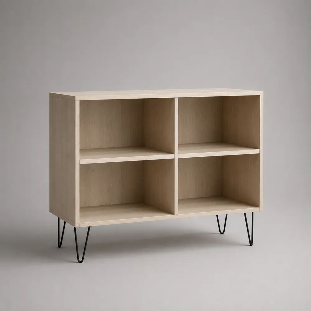 TV-Regal aus Holz und Metall mit 4 offenen Fächern, Helle Eiche/Schwarz, 100 × 35 × 80 cm