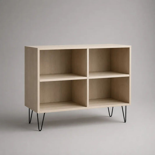 TV-Regal aus Holz und Metall mit 4 offenen Fächern, Helle Eiche/Schwarz, 100 × 35 × 80 cm