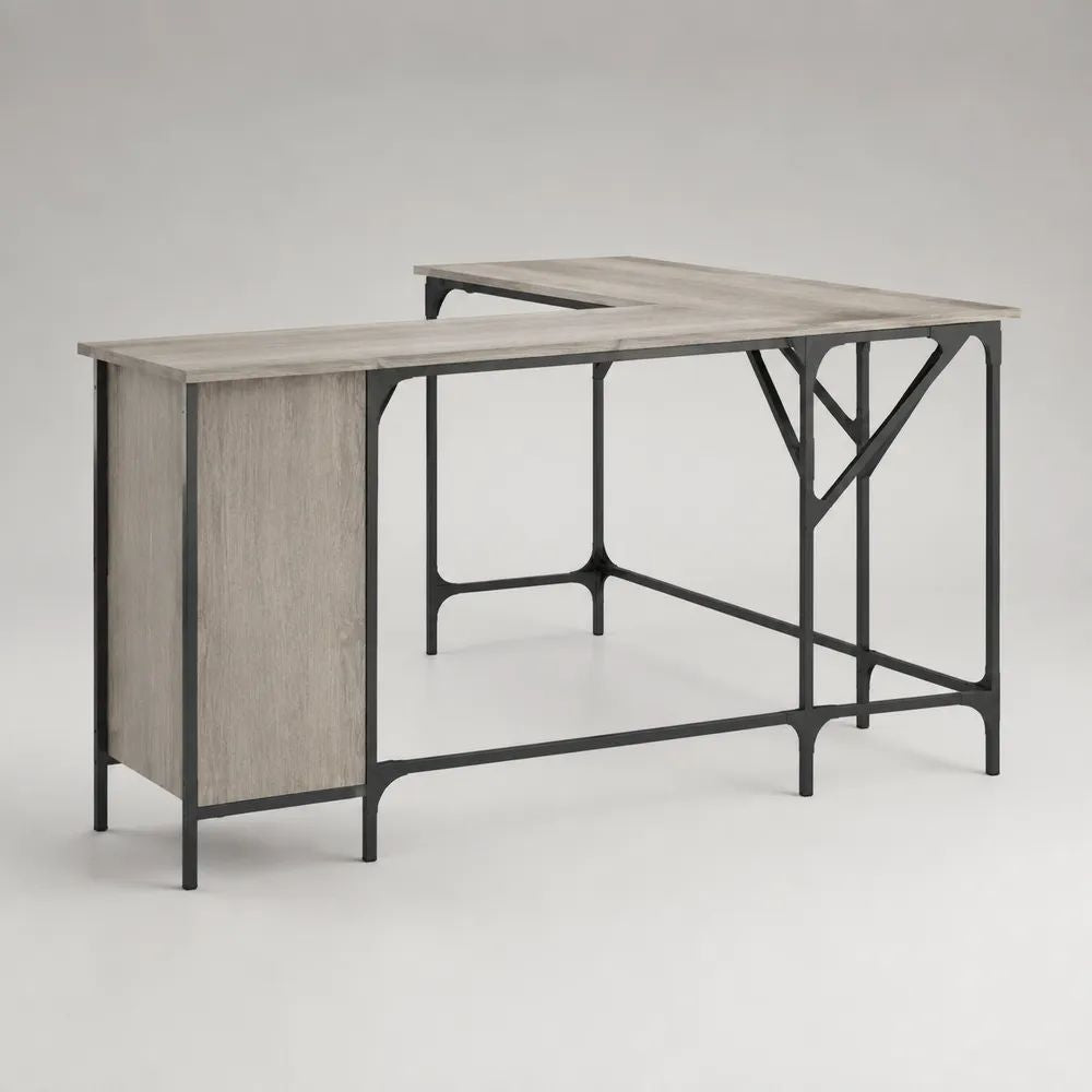 L-förmiger Eckschreibtisch aus Spanplatte mit Stahlgestell, Grau/Schwarz, 160 × 120 × 75 cm