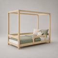 Kinderhausbett aus massivem Kiefernholz mit Lattenrost und Rausfallschutz, Liegefläche 90 x 200 cm, Naturholz
