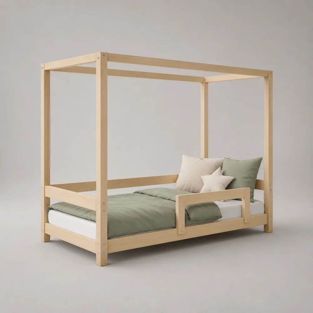 Kinderhausbett aus massivem Kiefernholz mit Lattenrost und Rausfallschutz, Liegefläche 90 x 200 cm, Naturholz