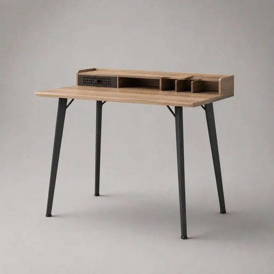 Rechteckiger Schreibtisch mit Aufsatz aus Spanplatte und Stahl, Eichefarben/Schwarz, 120 x 60 x 89 cm