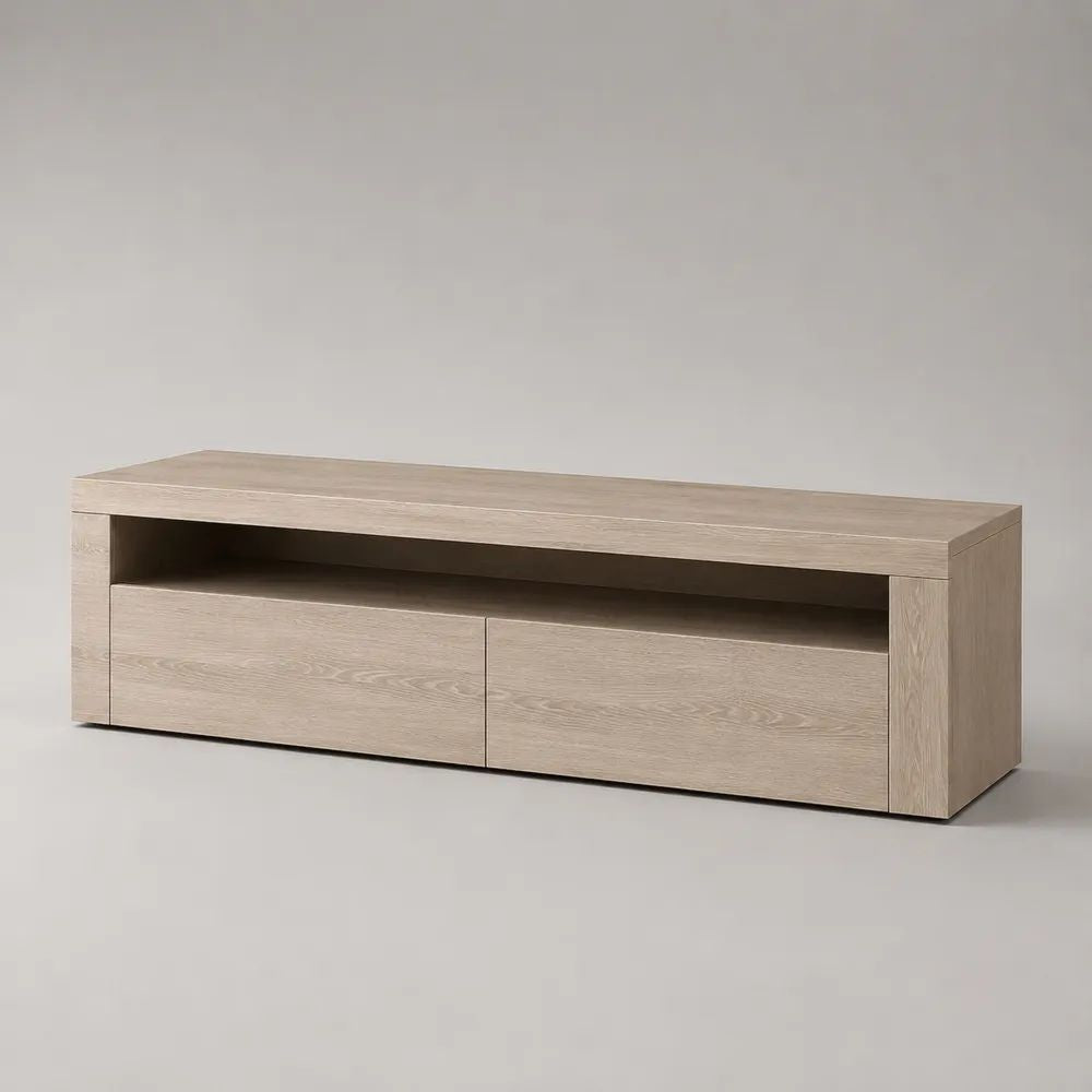 TV-Lowboard mit 2 Schubladen und offenem Gerätefach, Eichenfurnier, Beige, 160 × 40 × 55 cm