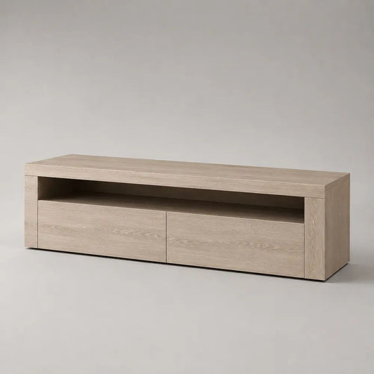 TV-Lowboard mit 2 Schubladen und offenem Gerätefach, Eichenfurnier, Beige, 160 × 40 × 55 cm