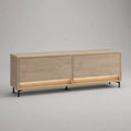 TV-Lowboard aus MDF mit 2 Klapptüren und LED-Beleuchtung, Eichefarben/Schwarz, 180 x 40 x 70 cm