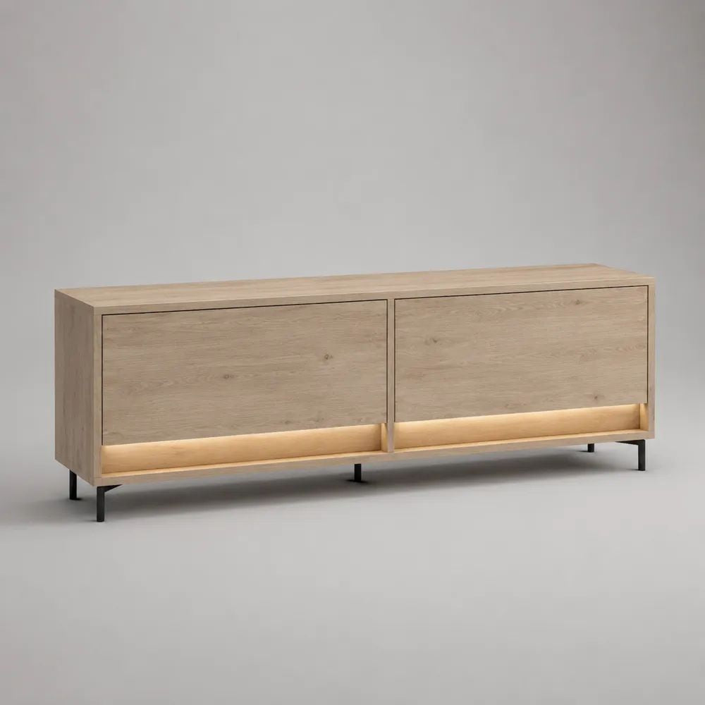 TV-Lowboard aus MDF mit 2 Klapptüren und LED-Beleuchtung, Eichefarben/Schwarz, 180 x 40 x 70 cm