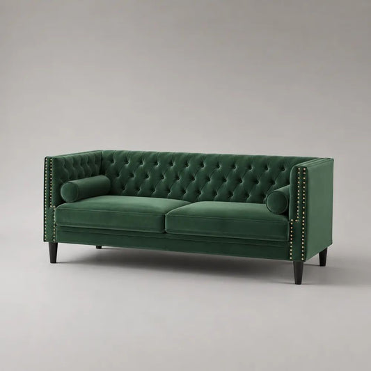 Chesterfield-Sofa, 3-Sitzer aus Polyester-Samt mit Knopfheftung, Dunkelgrün, 216 × 84 × 78 cm