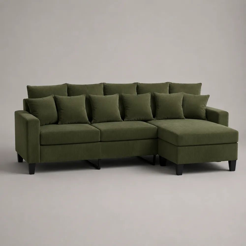 3-Sitzer-Ecksofa mit Ottomane rechts, Polyestercord, Olivgrün, 235 x 150 x 88 cm
